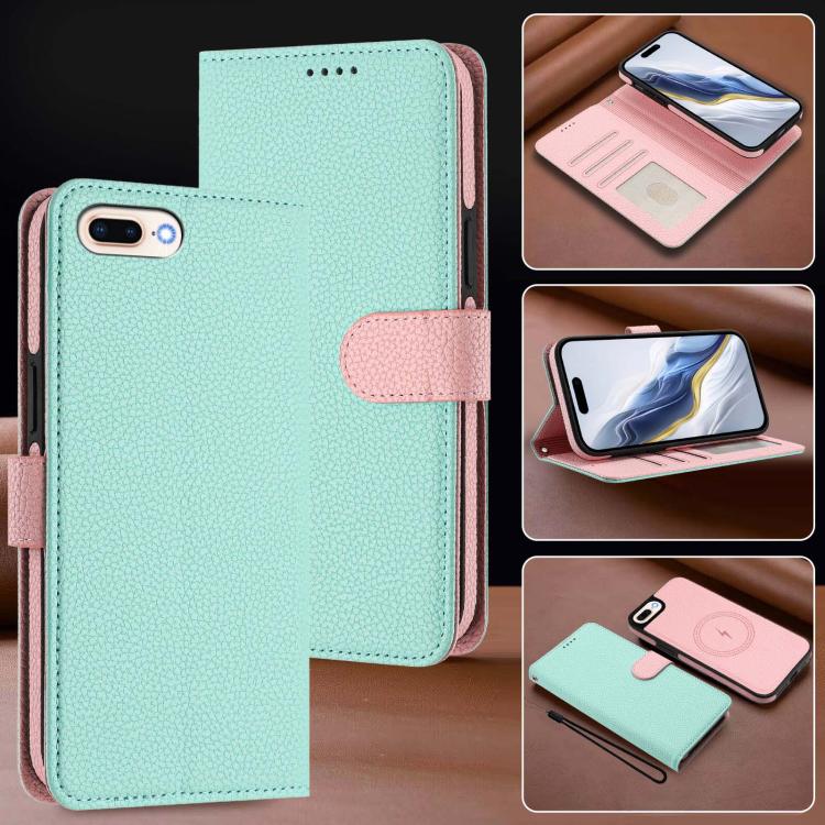 Custodia per telefono in ecopelle vegana con texture litchi rimovibile e chiusura magnetica laterale., For iPhone 8 Plus / 7 Plus