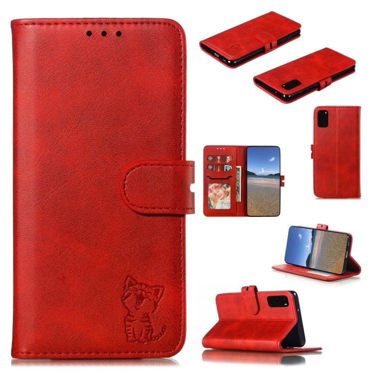 Custodia in pelle a ribalta orizzontale con motivo Happy Cat goffrato con supporto, slot per carte e portafoglio, For Samsung Galaxy S20 FE