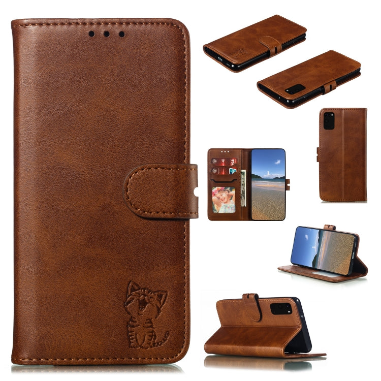 Custodia in pelle a ribalta orizzontale con motivo Happy Cat goffrato con supporto, slot per carte e portafoglio, For Samsung Galaxy S20 FE