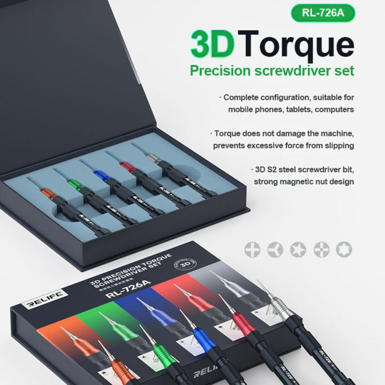 RELIFE RL-726A Set di cacciaviti di precisione 3D magnetici 5 in 1 con coppia elevata, RELIFE RL-726A