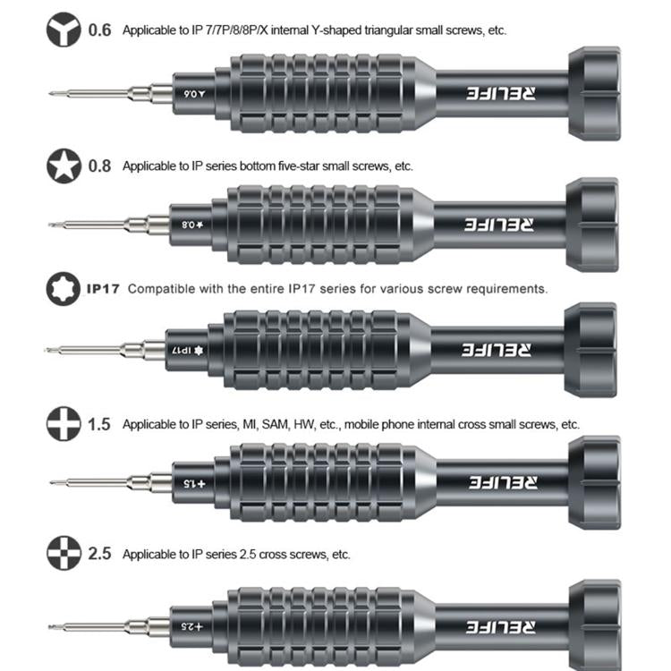 Set di cacciaviti in lega di alluminio RELIFE RL-730 Steel Cannon King Classic Series, Star 0.8, Phillips 1.5, Phillips 2.5, Y 0.6, Torx T1