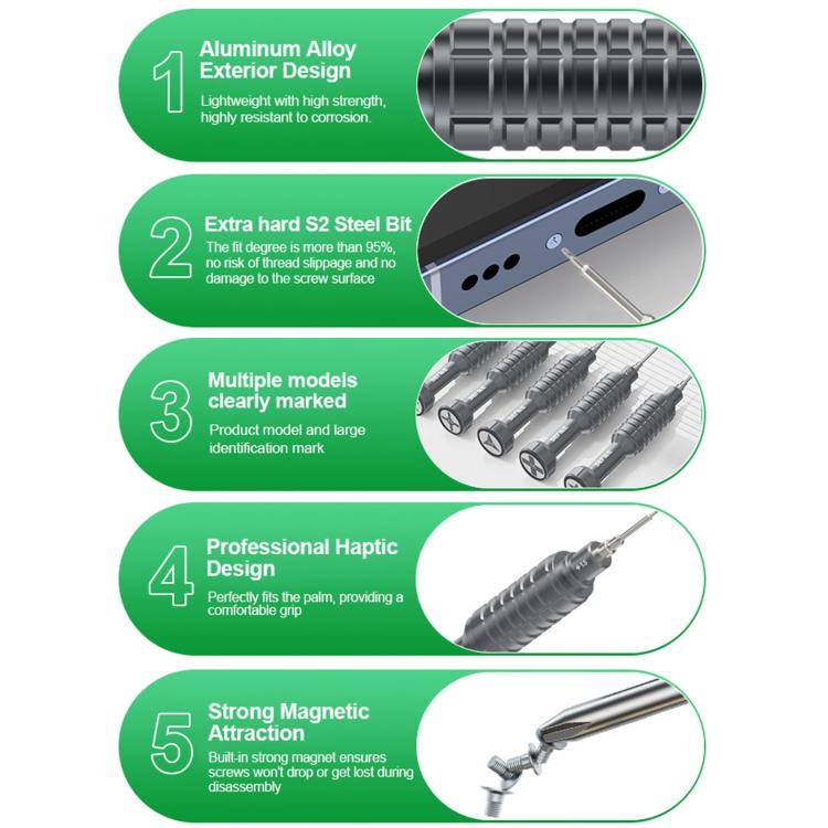 Set di cacciaviti in lega di alluminio RELIFE RL-730 Steel Cannon King Classic Series, Star 0.8, Phillips 1.5, Phillips 2.5, Y 0.6, Torx T1