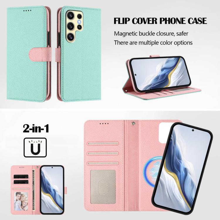 Custodia per telefono in ecopelle vegana con texture litchi rimovibile e chiusura magnetica laterale., For Samsung Galaxy S24 Ultra 5G, For Samsung Galaxy S24+ 5G, For Samsung Galaxy S24 5G, For Samsung Galaxy S23 FE 5G