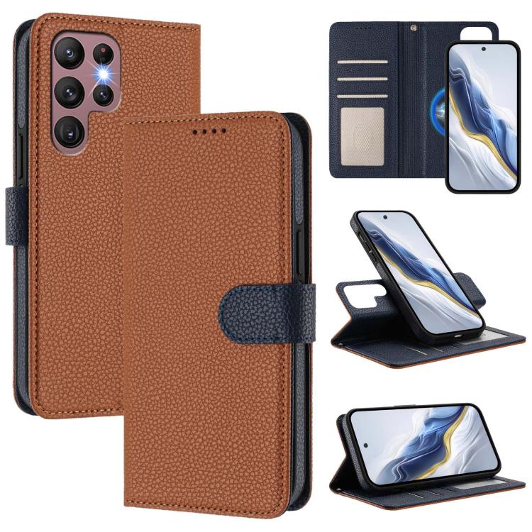 Custodia per telefono in ecopelle vegana con texture litchi rimovibile e chiusura magnetica laterale., For Samsung Galaxy S23 Ultra 5G, For Samsung Galaxy S23+ 5G, For Samsung Galaxy S23 5G, For Samsung Galaxy S22 Ultra 5G