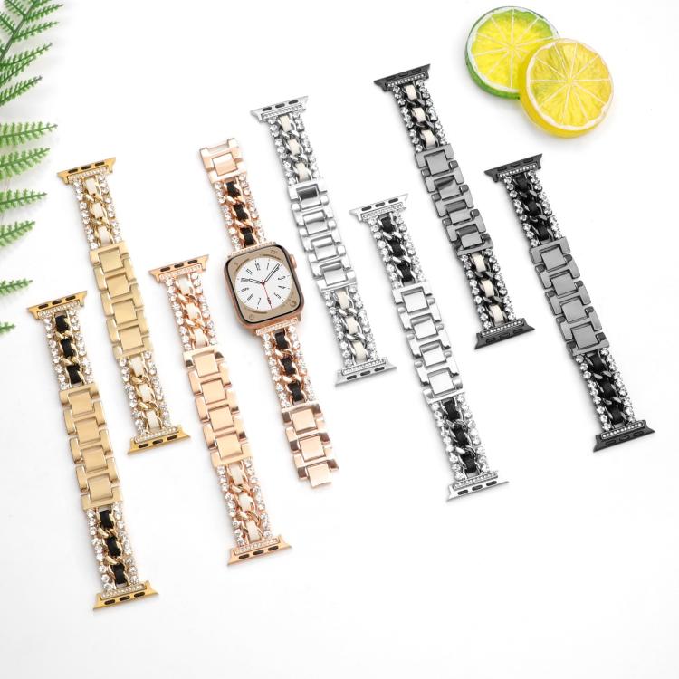 Cinturino per orologio in metallo e pelle vegana con diamanti, For Apple Watch 46mm / 49mm / 45mm / 44mm, For Apple Watch 42mm / 41mm / 40mm / 38mm