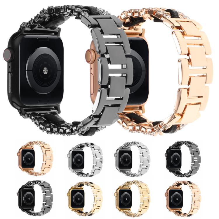 Cinturino per orologio in metallo e pelle vegana con diamanti, For Apple Watch 46mm / 49mm / 45mm / 44mm, For Apple Watch 42mm / 41mm / 40mm / 38mm