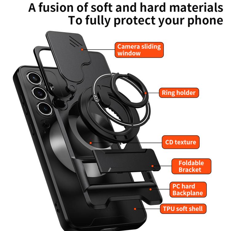 Custodia per telefono multifunzionale magnetica antiurto con finestra scorrevole per obiettivo., For Galaxy S23 FE 5G, For Samsung Galaxy S23 Ultra 5G, For Galaxy S23+ 5G, For Galaxy S23 5G