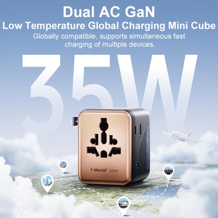 Caricabatterie rapido doppio GaN MOMAX 1-World UA27 PD da 35 W con doppia alimentazione CA., UA27