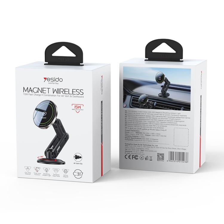 Supporto magnetico per caricabatterie wireless da auto Yesido C317 da 15 W, C317
