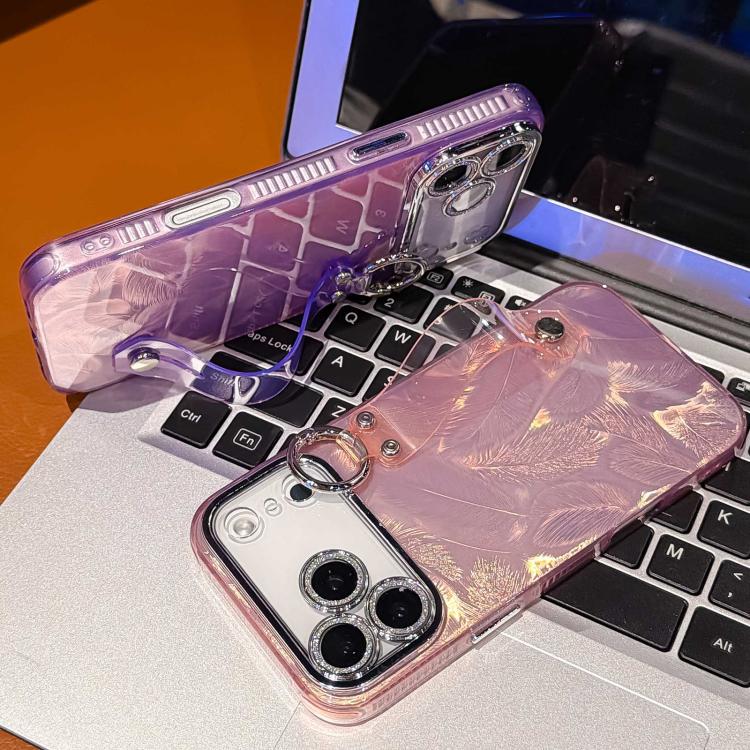 Custodia per telefono in TPU con cinturino da polso e pellicola protettiva per obiettivo, con texture a garza effetto piuma placcata., For iPhone 17 Pro Max, For iPhone 17 Pro, For iPhone 17, For iPhone Air, For iPhone 16 Pro Max, For iPhone 16 Pro    ...