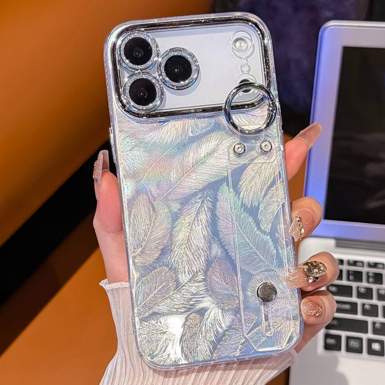Custodia per telefono in TPU con cinturino da polso e pellicola protettiva per obiettivo, con texture a piuma placcata., For iPhone 17 Pro Max, For iPhone 17 Pro, For iPhone 17, For iPhone Air, For iPhone 16 Pro Max, For iPhone 16 Pro, For iPhone 16 Pl...