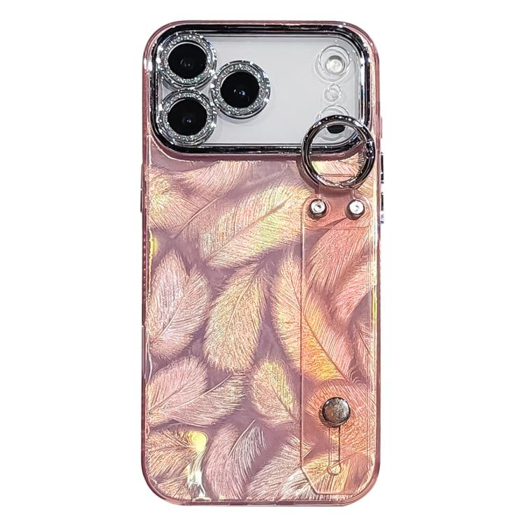 Custodia per telefono in TPU con cinturino da polso e pellicola protettiva per obiettivo, con texture a piuma placcata., For iPhone 17 Pro Max, For iPhone 17 Pro, For iPhone 17, For iPhone Air, For iPhone 16 Pro Max, For iPhone 16 Pro, For iPhone 16 Pl...