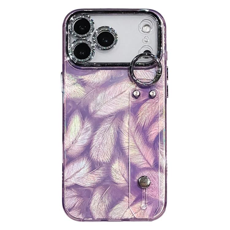 Custodia per telefono in TPU con cinturino da polso e pellicola protettiva per obiettivo, con texture a piuma placcata., For iPhone 17 Pro Max, For iPhone 17 Pro, For iPhone 17, For iPhone Air, For iPhone 16 Pro Max, For iPhone 16 Pro, For iPhone 16 Pl...