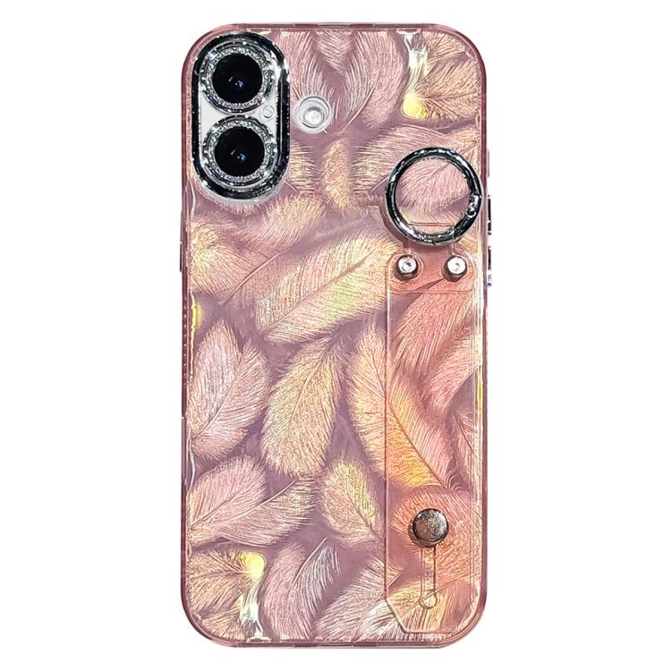 Custodia per telefono in TPU con cinturino da polso e pellicola protettiva per obiettivo, con texture a piuma placcata., For iPhone 17 Pro Max, For iPhone 17 Pro, For iPhone 17, For iPhone Air, For iPhone 16 Pro Max, For iPhone 16 Pro, For iPhone 16 Pl...