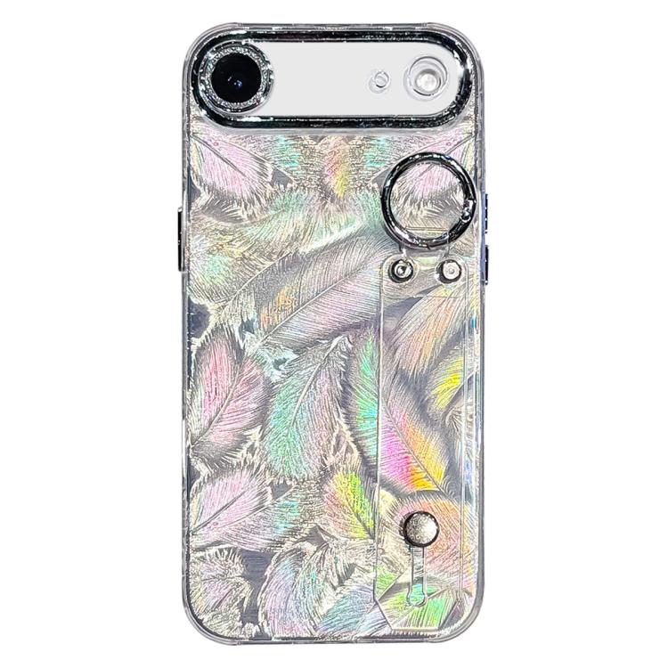Custodia per telefono in TPU con cinturino da polso e pellicola protettiva per obiettivo, con texture a piuma placcata., For iPhone 17 Pro Max, For iPhone 17 Pro, For iPhone 17, For iPhone Air, For iPhone 16 Pro Max, For iPhone 16 Pro, For iPhone 16 Pl...