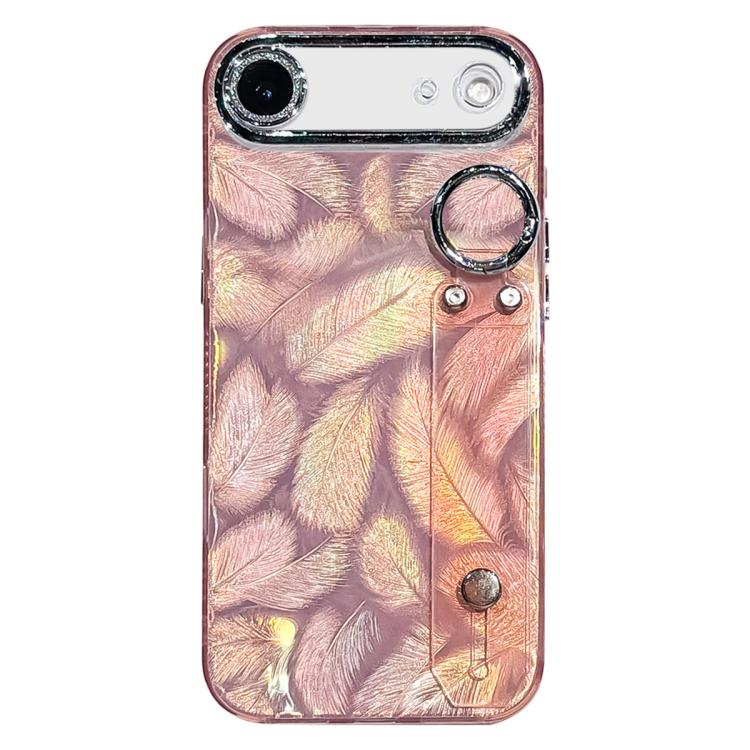 Custodia per telefono in TPU con cinturino da polso e pellicola protettiva per obiettivo, con texture a piuma placcata., For iPhone 17 Pro Max, For iPhone 17 Pro, For iPhone 17, For iPhone Air, For iPhone 16 Pro Max, For iPhone 16 Pro, For iPhone 16 Pl...