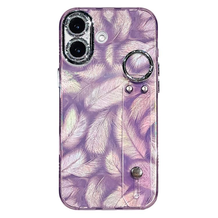 Custodia per telefono in TPU con cinturino da polso e pellicola protettiva per obiettivo, con texture a piuma placcata., For iPhone 17 Pro Max, For iPhone 17 Pro, For iPhone 17, For iPhone Air, For iPhone 16 Pro Max, For iPhone 16 Pro, For iPhone 16 Pl...