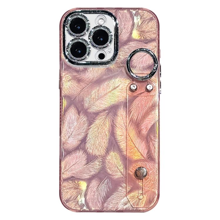 Custodia per telefono in TPU con cinturino da polso e pellicola protettiva per obiettivo, con texture a piuma placcata., For iPhone 15 Pro Max, For iPhone 15 Pro, For iPhone 15, For iPhone 14, For iPhone 14 Pro, For iPhone 14 Pro Max                   ...