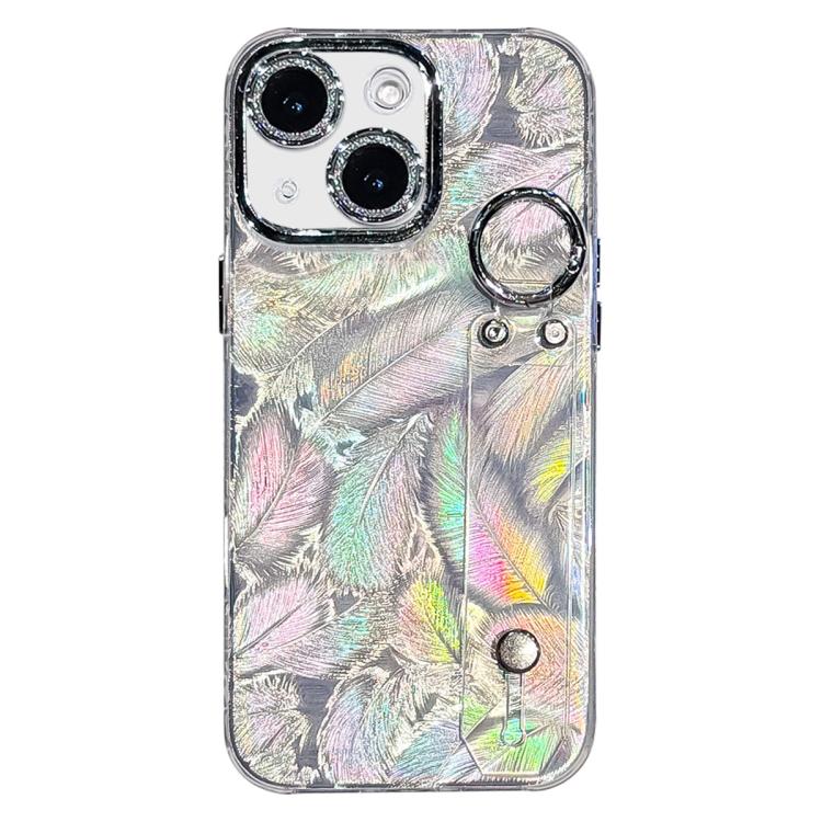 Custodia per telefono in TPU con cinturino da polso e pellicola protettiva per obiettivo, con texture a piuma placcata., For iPhone 13