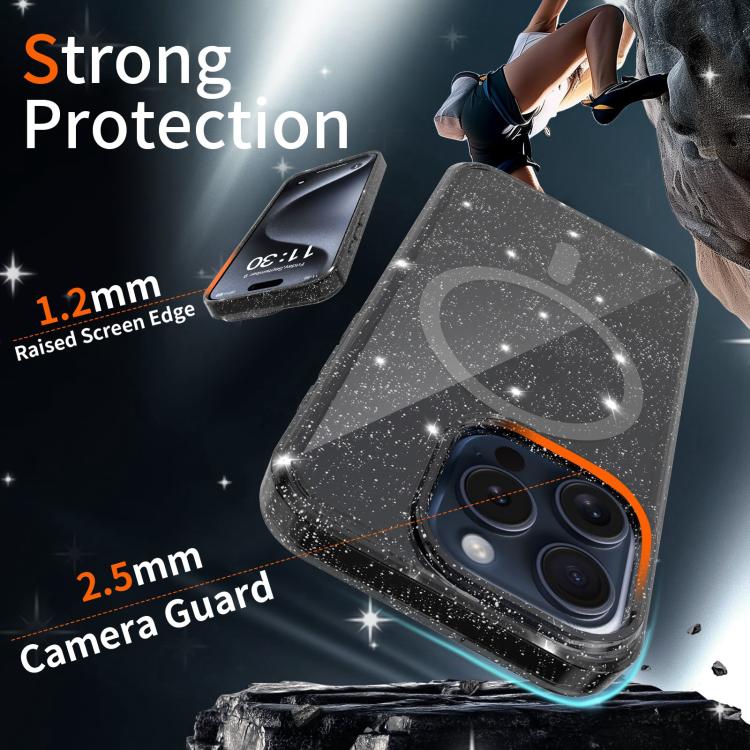 Custodia per telefono ibrida in PC e TPU con glitter trasparenti e magneti, For iPhone 15 Pro Max, For iPhone 15 Pro, For iPhone 15 Plus / 14 Plus, For iPhone 15, For iPhone 14 / 13, For iPhone 14 Pro, For iPhone 14 Pro Max, For iPhone 13 Pro Max