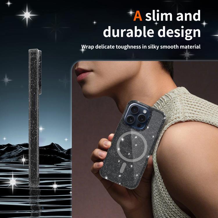 Custodia per telefono ibrida in PC e TPU con glitter trasparenti e magneti, For iPhone 15 Pro Max, For iPhone 15 Pro, For iPhone 15 Plus / 14 Plus, For iPhone 15, For iPhone 14 / 13, For iPhone 14 Pro, For iPhone 14 Pro Max, For iPhone 13 Pro Max