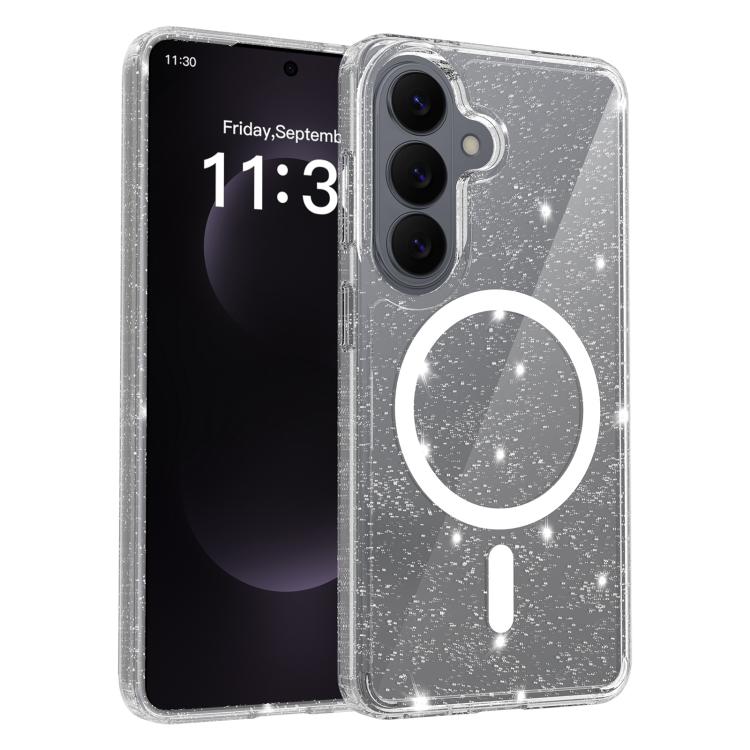 Custodia per telefono ibrida in PC e TPU con glitter trasparenti e magneti, For Samsung Galaxy S26+ 5G, For Samsung Galaxy S26 Ultra 5G, For Samsung Galaxy S26 5G, For Samsung Galaxy S25 FE 5G, For Samsung Galaxy S25 Ultra 5G