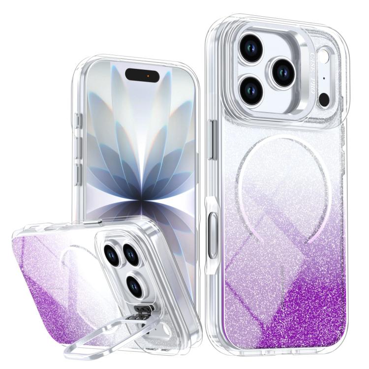 Custodia per telefono con cornice magnetica e supporto per obiettivo con effetto sfumato glitterato, For iPhone 17e / 16e, For iPhone 17 Pro Max, For iPhone 17 Pro, For iPhone 17