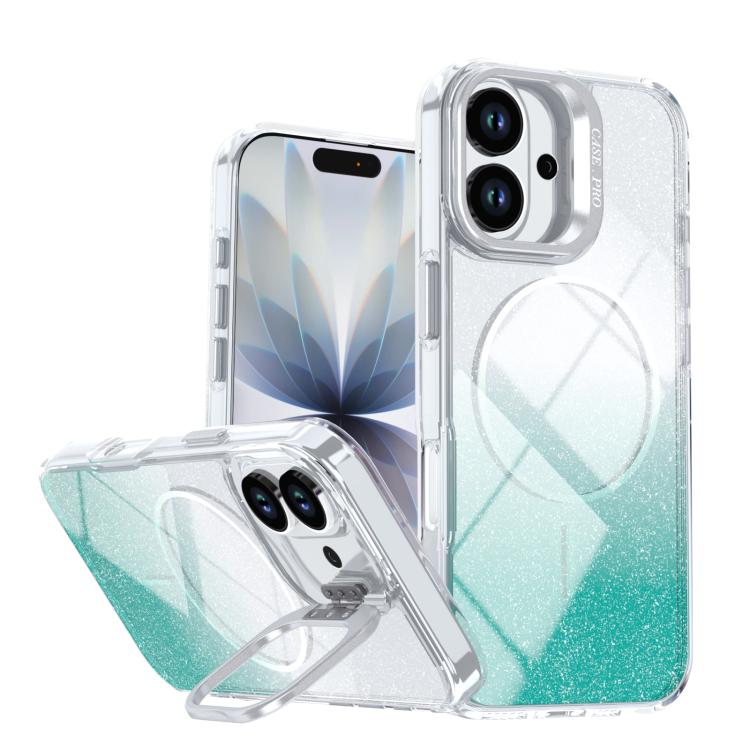Custodia per telefono con cornice magnetica e supporto per obiettivo con effetto sfumato glitterato, For iPhone 17e / 16e, For iPhone 17 Pro Max, For iPhone 17 Pro, For iPhone 17