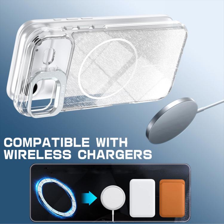 Custodia per telefono con cornice magnetica e supporto per obiettivo con effetto sfumato glitterato, For iPhone Air, For iPhone 16 Pro Max, For iPhone 16 Pro, For iPhone 16 Plus
