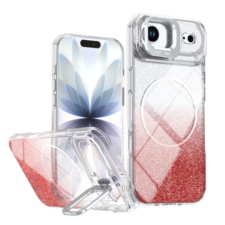 Custodia per telefono con cornice magnetica e supporto per obiettivo con effetto sfumato glitterato, For iPhone Air, For iPhone 16 Pro Max, For iPhone 16 Pro, For iPhone 16 Plus