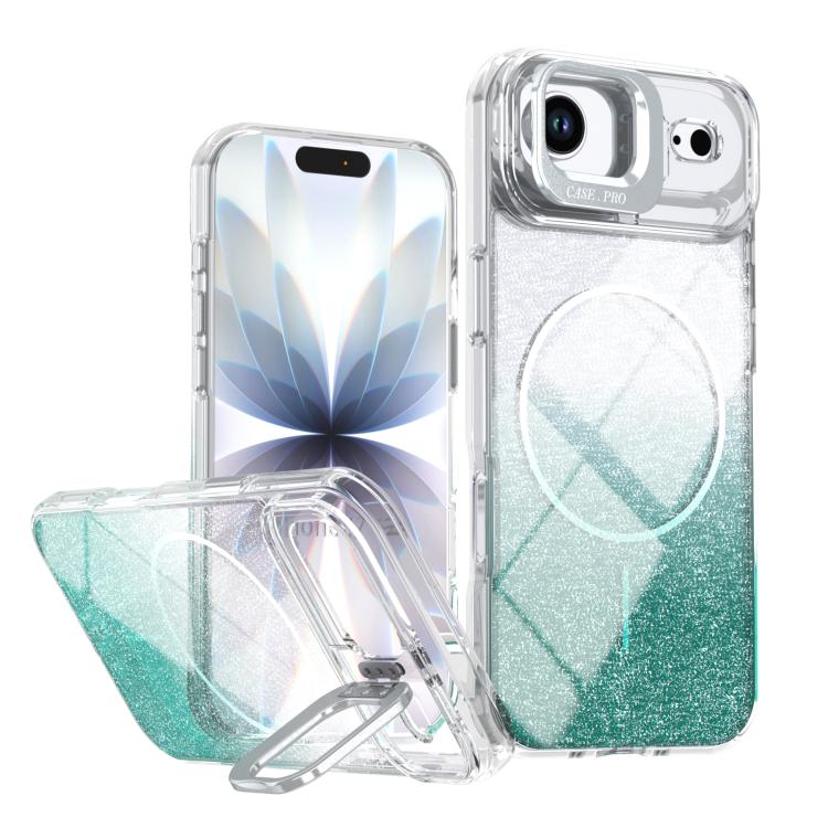 Custodia per telefono con cornice magnetica e supporto per obiettivo con effetto sfumato glitterato, For iPhone Air, For iPhone 16 Pro Max, For iPhone 16 Pro, For iPhone 16 Plus