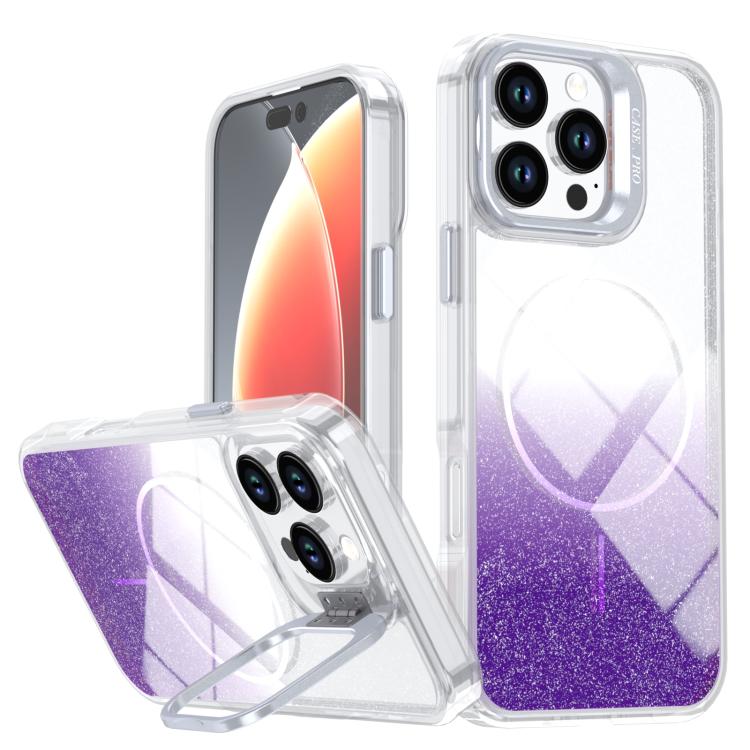 Custodia per telefono con cornice magnetica e supporto per obiettivo con effetto sfumato glitterato, For iPhone Air, For iPhone 16 Pro Max, For iPhone 16 Pro, For iPhone 16 Plus