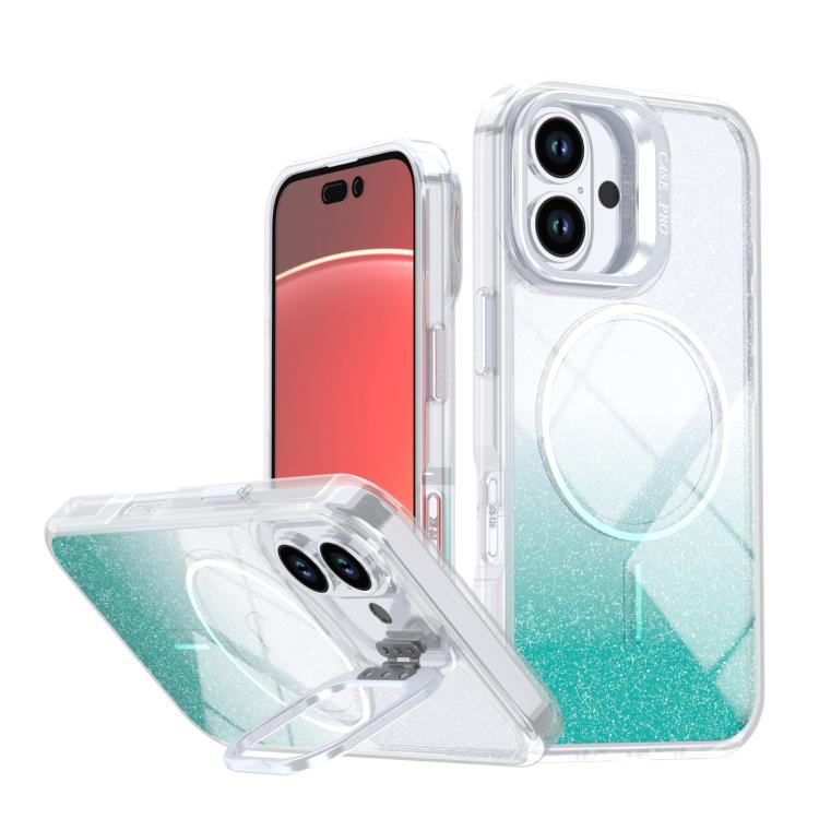 Custodia per telefono con cornice magnetica e supporto per obiettivo con effetto sfumato glitterato, For iPhone Air, For iPhone 16 Pro Max, For iPhone 16 Pro, For iPhone 16 Plus