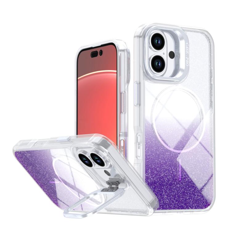 Custodia per telefono con cornice magnetica e supporto per obiettivo con effetto sfumato glitterato, For iPhone Air, For iPhone 16 Pro Max, For iPhone 16 Pro, For iPhone 16 Plus
