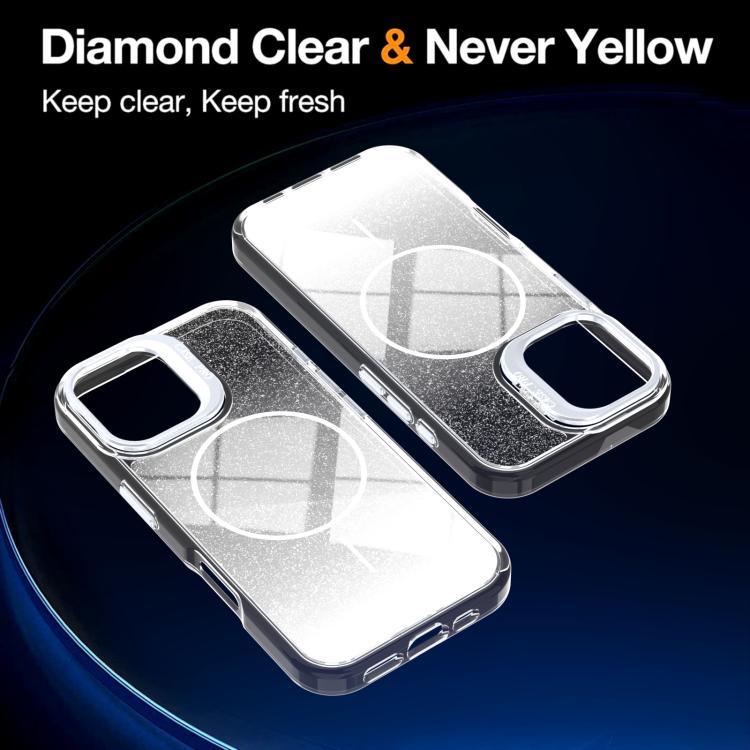 Custodia per telefono con cornice magnetica e supporto per obiettivo con effetto sfumato glitterato, For iPhone 16, For iPhone 15 Pro Max, For iPhone 15 Pro, For iPhone 15 Plus
