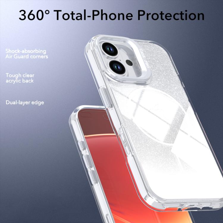 Custodia per telefono con cornice magnetica e supporto per obiettivo con effetto sfumato glitterato, For iPhone 16, For iPhone 15 Pro Max, For iPhone 15 Pro, For iPhone 15 Plus