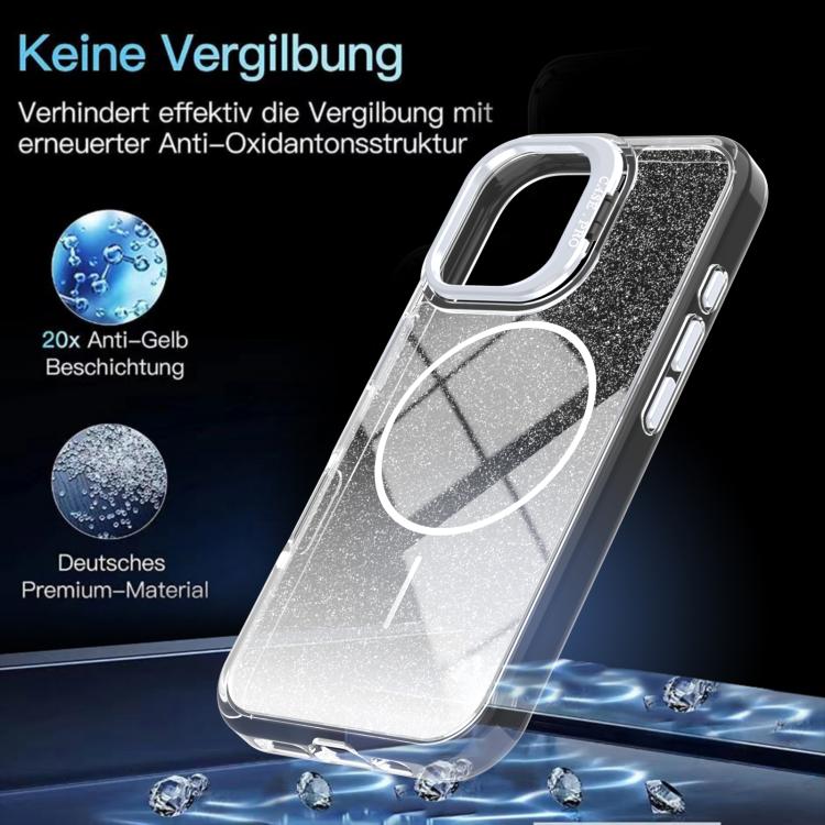 Custodia per telefono con cornice magnetica e supporto per obiettivo con effetto sfumato glitterato, For iPhone 16, For iPhone 15 Pro Max, For iPhone 15 Pro, For iPhone 15 Plus