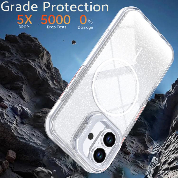 Custodia per telefono con cornice magnetica e supporto per obiettivo con effetto sfumato glitterato, For iPhone 16, For iPhone 15 Pro Max, For iPhone 15 Pro, For iPhone 15 Plus