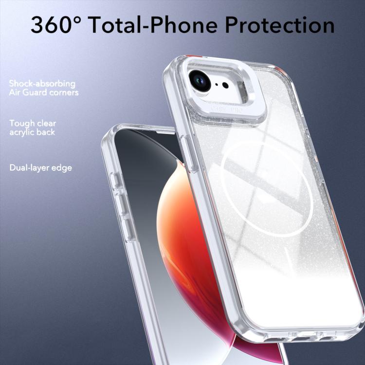 Custodia per telefono con cornice magnetica e supporto per obiettivo con effetto sfumato glitterato, For iPhone 17e / 16e, For iPhone 17 Pro Max, For iPhone 17 Pro, For iPhone 17
