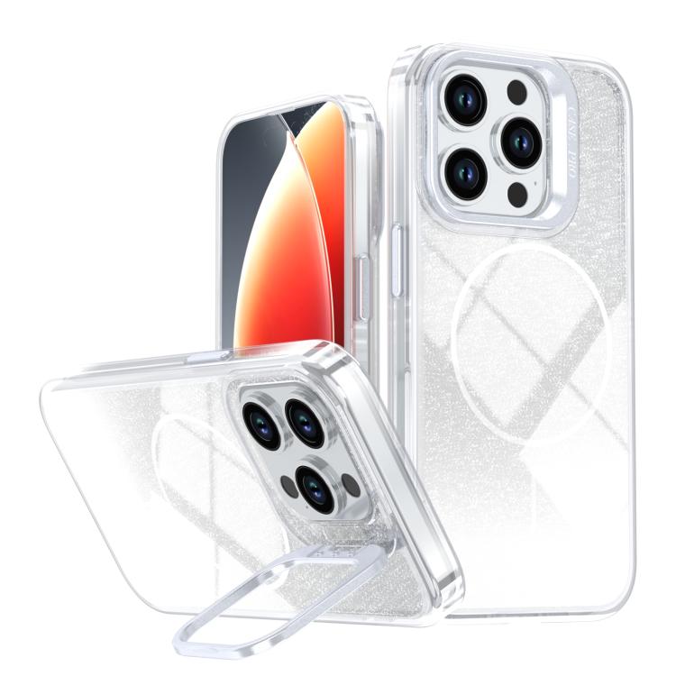 Custodia per telefono con cornice magnetica e supporto per obiettivo con effetto sfumato glitterato, For iPhone 16, For iPhone 15 Pro Max, For iPhone 15 Pro, For iPhone 15 Plus