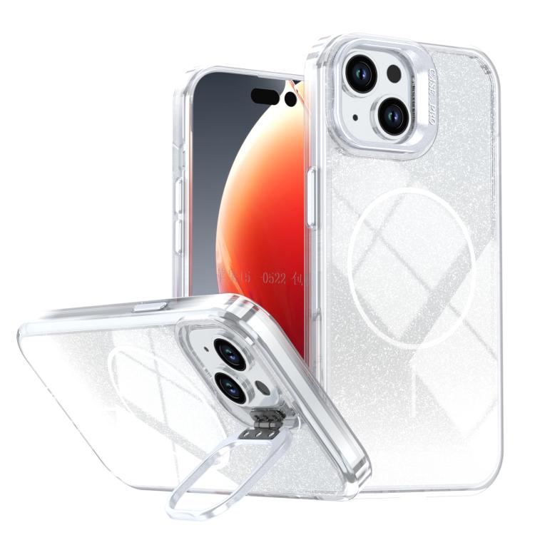 Custodia per telefono con cornice magnetica e supporto per obiettivo con effetto sfumato glitterato, For iPhone 16, For iPhone 15 Pro Max, For iPhone 15 Pro, For iPhone 15 Plus