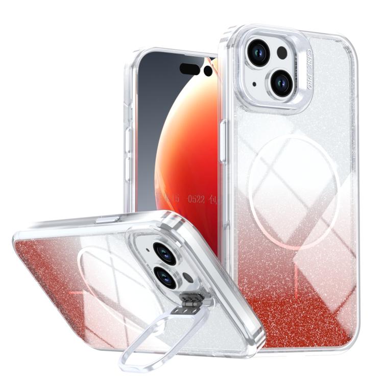 Custodia per telefono con cornice magnetica e supporto per obiettivo con effetto sfumato glitterato, For iPhone 16, For iPhone 15 Pro Max, For iPhone 15 Pro, For iPhone 15 Plus