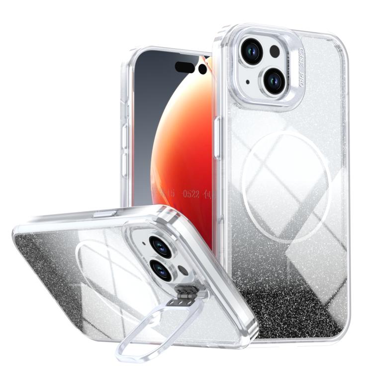 Custodia per telefono con cornice magnetica e supporto per obiettivo con effetto sfumato glitterato, For iPhone 16, For iPhone 15 Pro Max, For iPhone 15 Pro, For iPhone 15 Plus