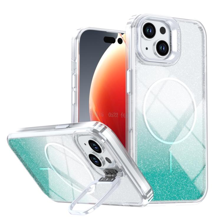 Custodia per telefono con cornice magnetica e supporto per obiettivo con effetto sfumato glitterato, For iPhone 16, For iPhone 15 Pro Max, For iPhone 15 Pro, For iPhone 15 Plus