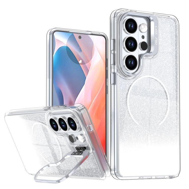 Custodia per telefono con cornice magnetica e supporto per obiettivo con effetto sfumato glitterato, For Samsung Galaxy S26+ 5G, For Samsung Galaxy S26 Ultra 5G, For Samsung Galaxy S26 5G, For Samsung Galaxy S25 FE 5G