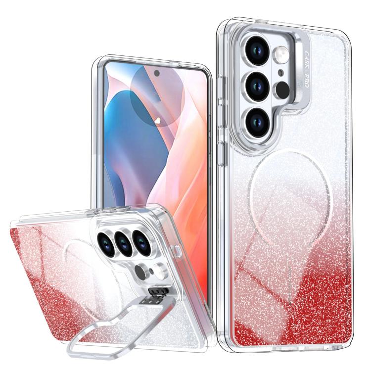 Custodia per telefono con cornice magnetica e supporto per obiettivo con effetto sfumato glitterato, For Samsung Galaxy S26+ 5G, For Samsung Galaxy S26 Ultra 5G, For Samsung Galaxy S26 5G, For Samsung Galaxy S25 FE 5G