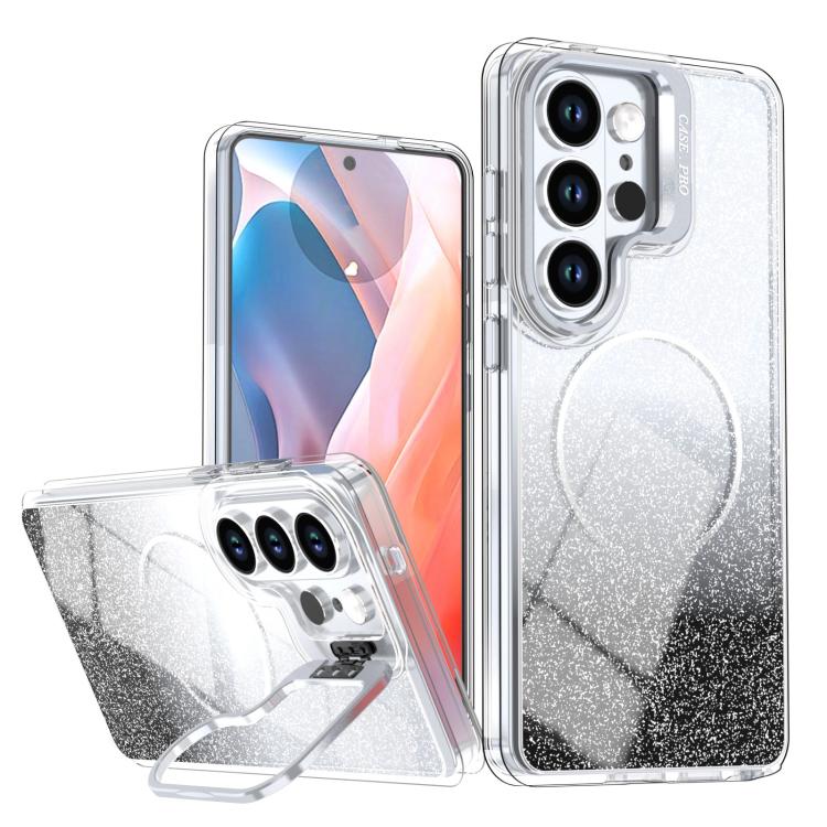 Custodia per telefono con cornice magnetica e supporto per obiettivo con effetto sfumato glitterato, For Samsung Galaxy S26+ 5G, For Samsung Galaxy S26 Ultra 5G, For Samsung Galaxy S26 5G, For Samsung Galaxy S25 FE 5G