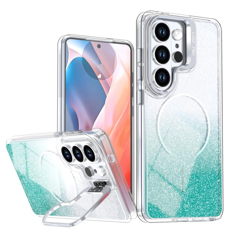Custodia per telefono con cornice magnetica e supporto per obiettivo con effetto sfumato glitterato, For Samsung Galaxy S26+ 5G, For Samsung Galaxy S26 Ultra 5G, For Samsung Galaxy S26 5G, For Samsung Galaxy S25 FE 5G