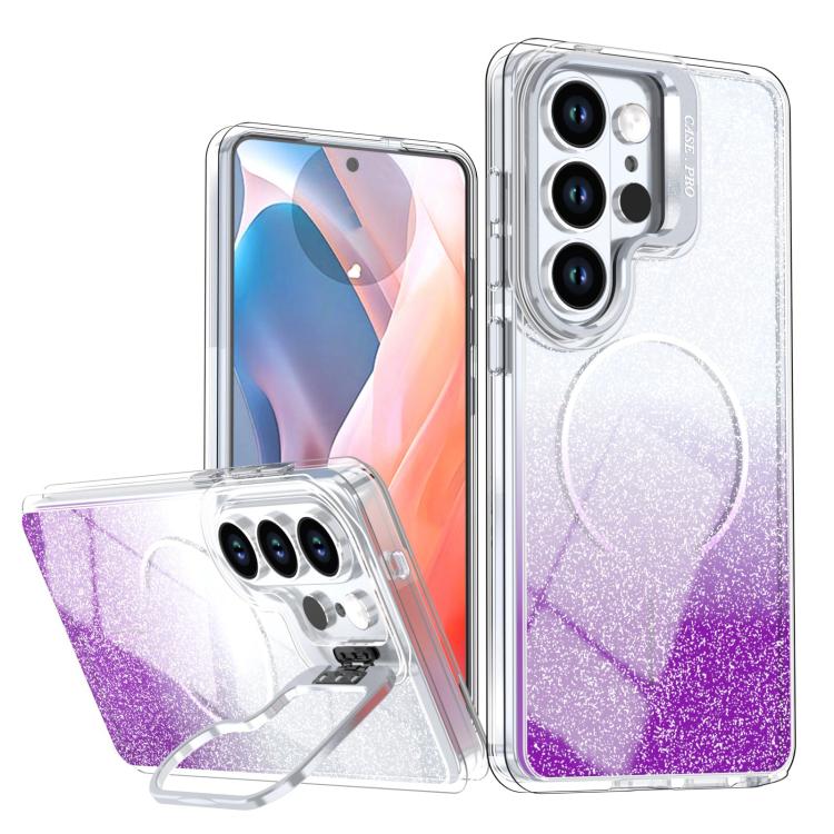 Custodia per telefono con cornice magnetica e supporto per obiettivo con effetto sfumato glitterato, For Samsung Galaxy S26+ 5G, For Samsung Galaxy S26 Ultra 5G, For Samsung Galaxy S26 5G, For Samsung Galaxy S25 FE 5G