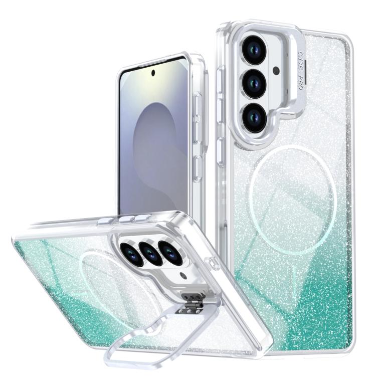 Custodia per telefono con cornice magnetica e supporto per obiettivo con effetto sfumato glitterato, For Samsung Galaxy S26+ 5G, For Samsung Galaxy S26 Ultra 5G, For Samsung Galaxy S26 5G, For Samsung Galaxy S25 FE 5G